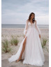 Ivory Lace Polka Dots Tulle Slit Flowing Wedding Dress